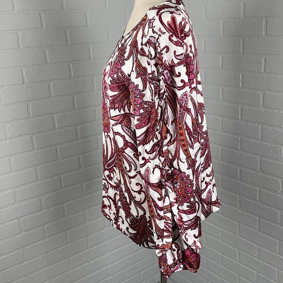 Liz Claiborne Blouse Women Large Pink Paisley Ruffle Sleeve Keyhole Career Party - Picture 3 of 13